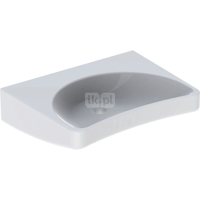 Umywalka GEBERIT HDPE prostokątna-owalna, biała, 600mm, bez otworu na baterię, z odpływem przelewowym, półka od ściany, odpowiednia dla osób niepełnosprawnych