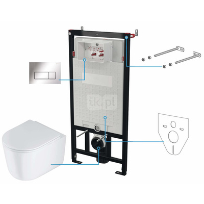Miska wisząca jaśmin biała + deska + stelaż + przycisk chrom