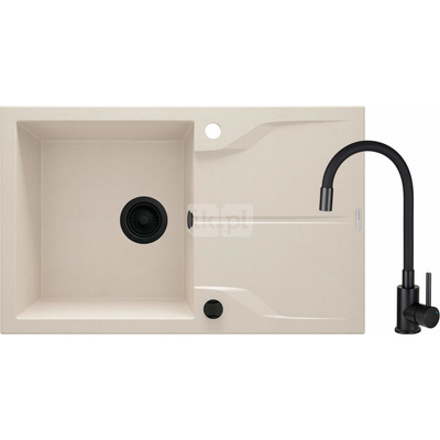 Set: zlew. granit zqn 5113 beż + bateria z elastyczną wylewką boc n72m nero + osprzęt nero