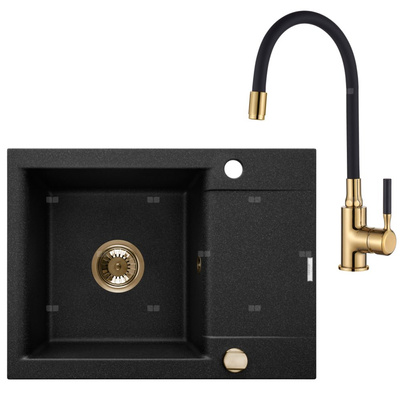 Komplet: zlewozmywak granitowy 1-komorowy z krótkim ociekaczem Tesalia i bateria zlewozmywakowa Glamour złota