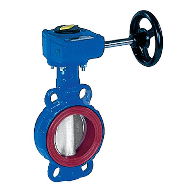 Przepustnica bezkołnierzowa SYLAX z przekładnią ślimakową, dysk: AISI316, wykładzina: silikon, korpus: GGG40 epoksyd., Pnom 1,0 MPa, tmax=200 st.C DN32/40