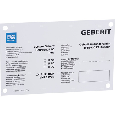 Tabliczka informacyjna Geberit dotycząca Rohrschott90 Plus