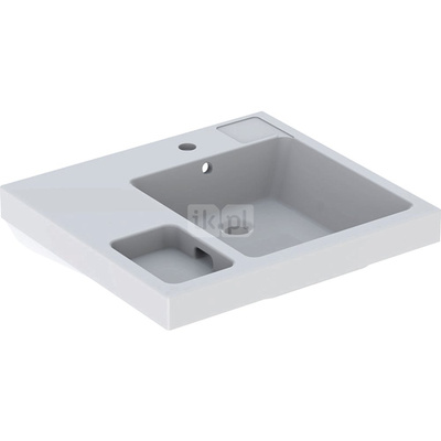 Umywalka GEBERIT Bambini prostokątna (z boczną półką na gąbkę), biała, 600mm, otwór na baterię na środku, z odpływem przelewowym, półka z lewej