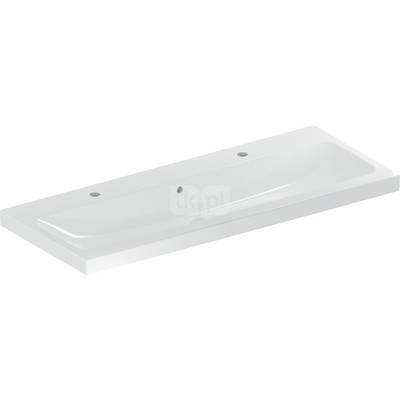 Umywalka GEBERIT iCon Light 2-stanowiskowa prostokątna, biała / KeraTect, 1200mm, otwór na baterię na środku, z odpływem przelewowym, półka od ściany