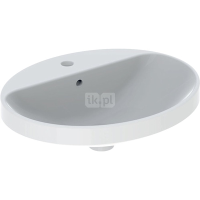 Umywalka GEBERIT Variform eliptyczna, biała / KeraTect, 550mm, otwór na baterię na środku, wpuszczana w blat, z odpływem przelewowym, półka od ściany
