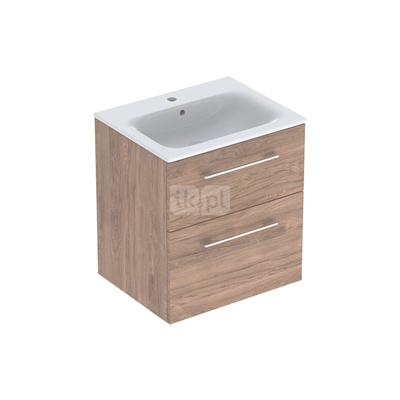 Zestaw umywalki meblowej Geberit Selnova Square, slim rim, z szafką pod umywalkę, z dwoma szufladami: B1=58.8cm, T=50.2cm, Otwór na baterię=Na środku, Przelew=Widoczny, Orzech włoski hickory
