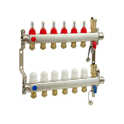 PHA-127/Z 4-obwodowy PN6 Rozdzielacz ze stali nierdzewnej do ogrzewania podłogowego z odpowietrznikiem automatycznym i złączkami 16x1/2"