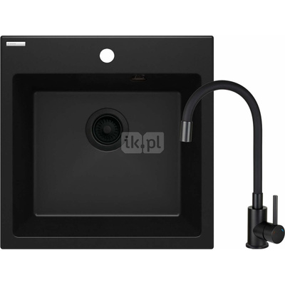 Set: zlew. granit zqj n103 nero + bateria z elastyczną wylewką boc n72m nero + osprzęt nero