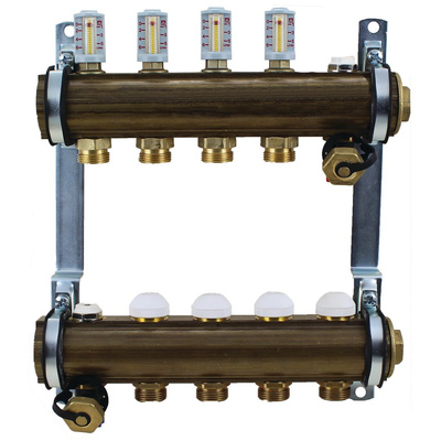 Rozdzielacz do ogrzewania podłogowego HERZ 14-obieg. mosiądz GW 1'' x GZ 3/4'' + przepływomierz + zawór napełn/spust + odpowietrznik