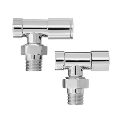 Komplet zaworów grzejnikowych – zasilenie + powrót, kątowy, chrom