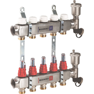 Rozdzielacz do ogrzewania podłogowego GEBERIT Volex 3-obieg. stal nierdzewna GW 1'' x eurokonus 3/4'' + przepływomierz + zawór napełn/spust + odpowietrznik