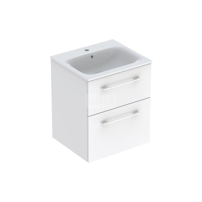 Zestaw umywalki meblowej Geberit Selnova Square, slim rim, z szafką pod umywalkę, z dwoma szufladami: B1=53.8cm, T=50.2cm, Otwór na baterię=Na środku, Przelew=Widoczny, Biały