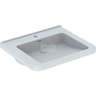 Umywalka GEBERIT Selnova Comfort prostokątna, biała, 650mm, otwór na baterię na środku, z odpływem przelewowym, półka od ściany