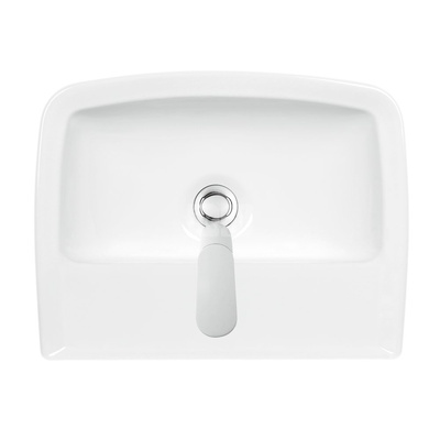 Umywalka mała Koło Rekord, kształt geometryczny, z asymetrycznym przelewem: 40x31cm, Otwór na baterię=Na środku, Przelew=Widoczny, Biały