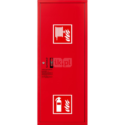 Hydrant DN 33 zawieszany boczny z miejscem na gaśnicę, wąż 20 m, ocynk fasada, zamek patent, RAL 3000 prawy
