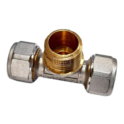 Trójnik QIK Skręcany do rur wielowarstwowych mosiądz 20 mm x 1/2'' x 20 mm (złącze skręcane x GZ x złącze skręcane)