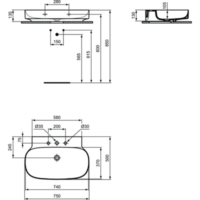 LINDA-X Umywalka 75cm 3OT B/P GLOSS WHI