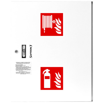 Hydrant DN 52 zawieszany z koszem, 600x500x200 mm, z miejscem na gaśnicę, wąż 15 m, zamek patent, RAL 9003