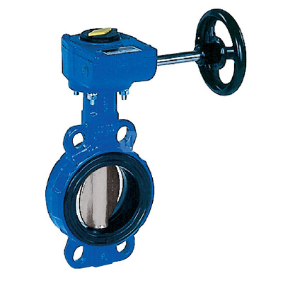 Przepustnica bezkołnierzowa SYLAX GAS z przekładnią ślimakową, dysk: AISI316, wykładzina: NBR, korpus: GGG40 epoksyd., Pnom 0,6 MPa, tmax=60 st.C DN100