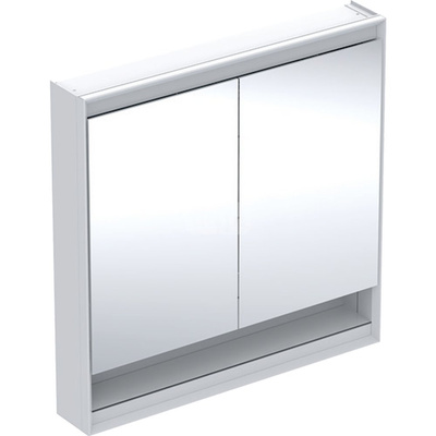 Szafka z lustrem Geberit ONE z wnęką i ComfortLight, z dwoma drzwiami, montaż natynkowy, wysokość 90 cm: B=90cm, Biały / Aluminium malowane proszkowo