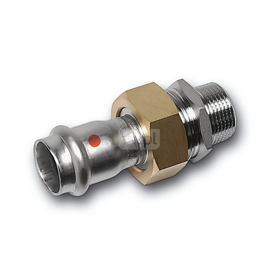 Śrubunek SANHA NiroTherm Press z uszczelką i nakrętką z mosiądzu trzyczęściowy, stal nierdzewna, 15 mm x 1/2'' (zw x GZ)