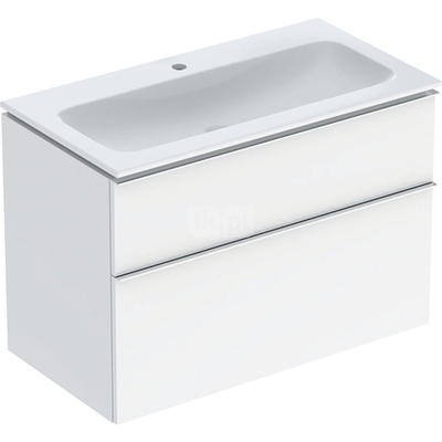 Zestaw umywalki meblowej Geberit iCon slim rim, z szafką pod umywalkę, z dwoma szufladami i zestawem odpływowo-przelewowym do umywalki: B=90cm, Umywalka: biały /KeraTect, Korpus i front: biały / lakierowany na wysoki połysk, Uchwyt: chromowany z połyskiem