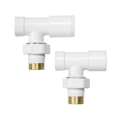 Komplet zaworów grzejnikowych – zasilenie + powrót, kątowy, biały
