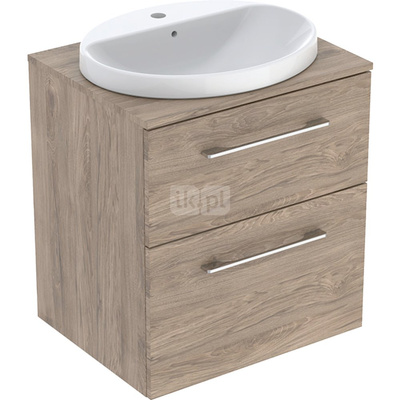 Zestaw szafki z blatem pod umywalkę Geberit Selnova Square, B59.1cm, H70.3cm, T50.2cm, z dwiema szufladami, orzech włoski hickory, z umywalką wpuszczaną w blat, z przelewem, z otworem na baterię