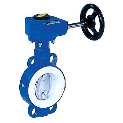 Przepustnica bezkołnierzowa LYCENE z przekładnią ślimakową, dysk: AISI316L, wykładzina: PTFE, korpus: GGG40 epoksyd., Pnom 1,0 MPa, tmax=200 st.C DN 250