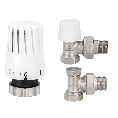 Komplet termostatyczny prosty z blokadą temperatury INVENA PROV - zawór termostatyczny, zawór powrotny, głowica mini 2 PROV