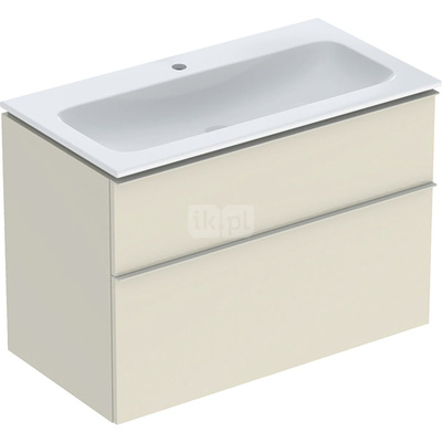 Zestaw umywalki meblowej Geberit iCon slim rim, z szafką pod umywalkę, z dwoma szufladami i zestawem odpływowo-przelewowym do umywalki: B=90cm, Umywalka: biały /KeraTect, Korpus i front: szary piaskowy / lakierowany, wysoki połysk, Uchwyt: szary piaskowy