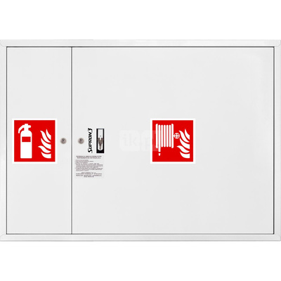 Hydrant DN 52 zawieszany z miejscem na gaśnice obok kosza, wąż 20 m, zamek patent, RAL 9003