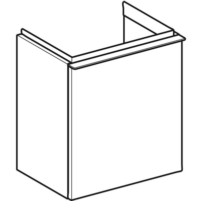 Szafka pod małą umywalkę Geberit iCon, z jednymi drzwiami: Szerokość umywalki=38cm, H=41.5cm, Drzwi=Zawias po lewej, Korpus i front: biały / lakierowany matowy, Uchwyt: biały / powlekany proszkowo, matowy