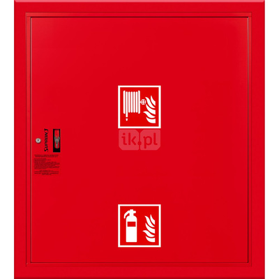 Hydrant DN 33 wnękowy z miejscem na gaśnicę pod zwijadłem, wąż 20 m, ocynk fasada, zamek patent, RAL 3000