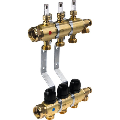 TECEfloor rozdzielacz mosiężny 1'' ogrzewania podłogowego 7 sek. z przepływomierzami magnetycznymi i wmontowanymi półśrubunkami