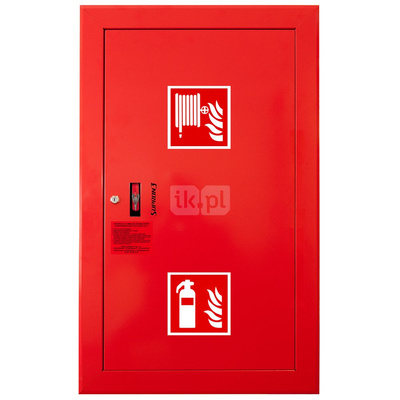 Hydrant DN 52 wnękowy z koszem, 850x500x200 mm, z miejscem na gaśnicę, wąż 2x15 m, zamek patent, RAL 3000