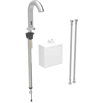 Bateria umywalkowa Geberit Piave, stojąca, zasilanie bateryjne, z natynkową skrzynką funkcyjną, z mieszaczem termostatycznym, stal nierdzewna