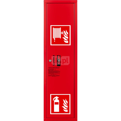 Hydrant DN 52 zawieszany boczny ze zwijadłem, z miejscem na gaśnicę, wąż 20 m, zamek patent, RAL 3000 prawy