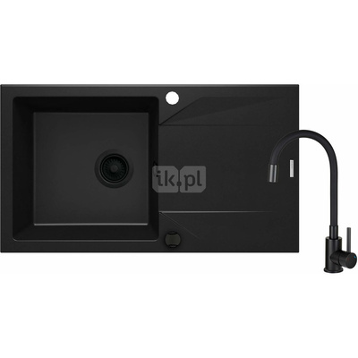 Set: zlew. granit zqj n113 nero + bateria z elastyczną wylewką boc n72m nero + osprzęt space-saver nero