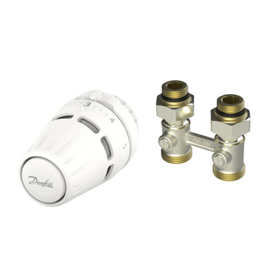 Zestaw termostatyczny kątowy składający się z cieczowej głowicy Regus™ RA oraz zaworu RLV-KB do grzejników dolnozasilanych.