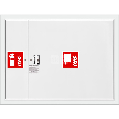 Hydrant DN 33 wnękowy z miejscem na gaśnicę obok zwijadła, wąż 30 m, ocynk fasada, zamek patent, RAL 9003