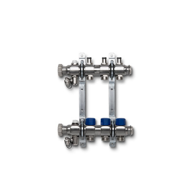 Rozdzielacz ze stali nierdzewnej. Wkładki termostatyczne na powrocie, uchwyt ścienny i zawór spustowy. 7