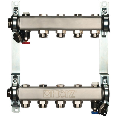 Rozdzielacz do ogrzewania podłogowego HERZ 3-obieg. stal nierdzewna GW 1'' x GZ 3/4'' + zawór napełn/spust + odpowietrznik
