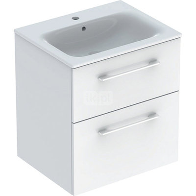 Zestaw umywalki meblowej Geberit Selnova Square, slim rim, z szafką pod umywalkę, z dwoma szufladami: B1=58.8cm, T=50.2cm, Otwór na baterię=Na środku, Przelew=Widoczny, Biały