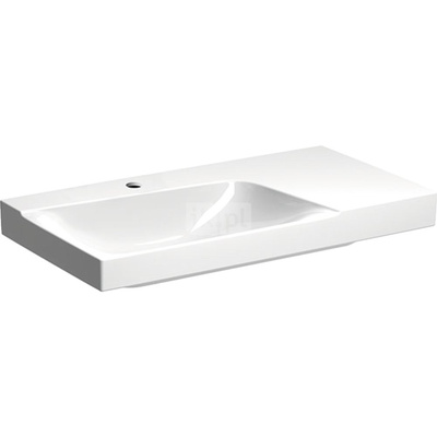 Umywalka GEBERIT Xeno2 prostokątna, biała, 485mm, otwór na baterię na środku, bez odpływu przelewowego, półka z prawej