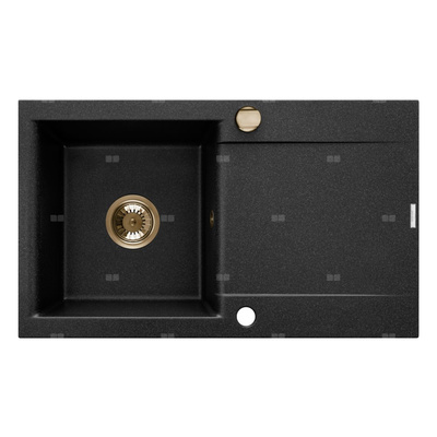 Zlewozmywak granitowy jednokomorowy z długim ociekaczem TESALIA czarny nakrapiany/złoty