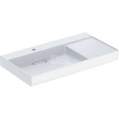 Umywalka GEBERIT ONE prostokątna, biała / KeraTect, 900mm, otwór na baterię na środku, bez odpływu przelewowego, półka z prawej