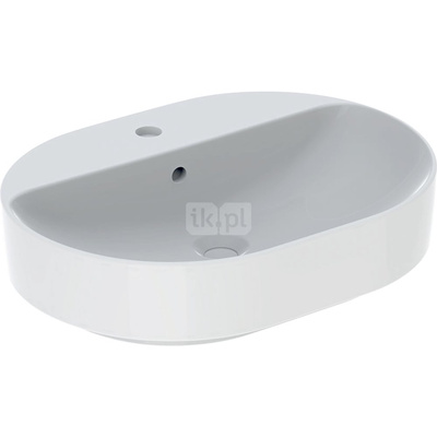 Umywalka GEBERIT Variform eliptyczna, biała / KeraTect, 600mm, otwór na baterię na środku, stawiana na blat, z odpływem przelewowym, półka od ściany
