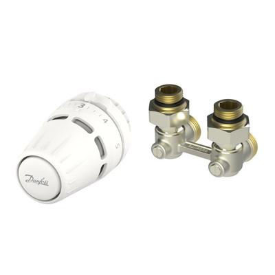 Zestaw termostatyczny prosty składający się z cieczowej głowicy Regus™ RA oraz zaworu RLV-KB do grzejników dolnozasilanych.