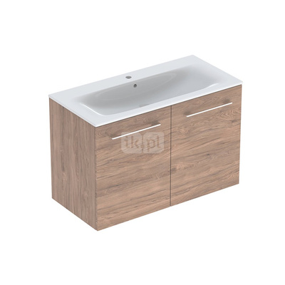 Zestaw umywalki meblowej Geberit Selnova Square, slim rim, z szafką pod umywalkę, z dwoma drzwiami: B1=98.8cm, T=50.2cm, Otwór na baterię=Na środku, Przelew=Widoczny, Orzech włoski hickory